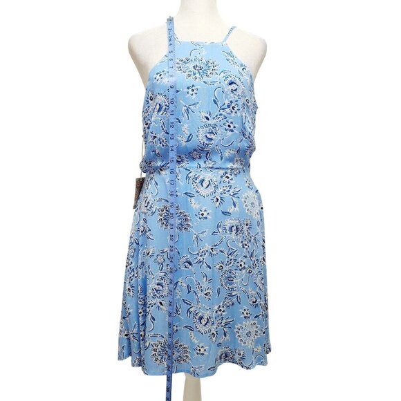 Blue Floral Halter Neck Sleeveless Midi Dress With Lace-Up Back Size M - Picture 8 of 10